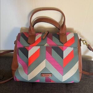 Fossil Chevron Satchel with Brown Accents